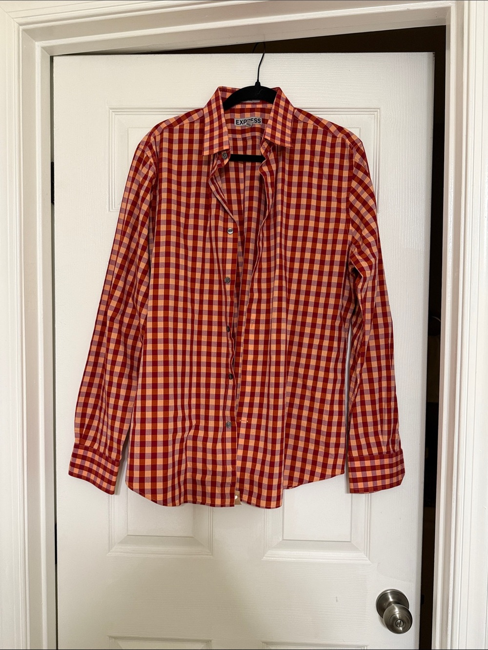 Express Men’s Red & Orange Gingham Button-Down Shirt